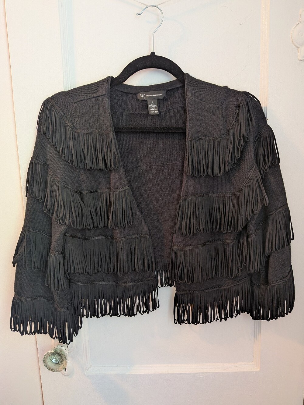 INC International Concepts Black Fringe Open Front Sweater Cropped Shrug - Sz S